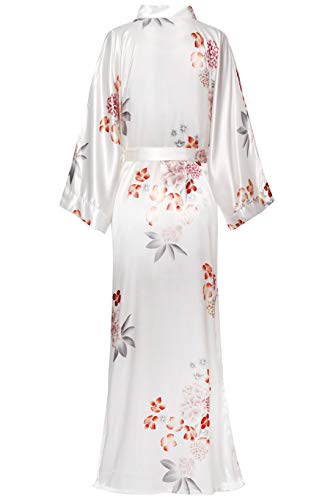 BABEYOND Kimono Floral Largo Bata Novia Kimono de Seda Túnica de Satén 1920s Ropa de Dormir Despedida de Soletera 135cm/53(Flor Blanca)
