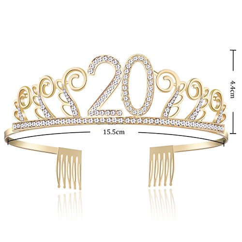 BABEYOND - Tiara de cumpleaños, diseño de princesa, color rosa o plateado, diamantes felices 18/20/21/30/40/50/60/90 Oro de 20 años. Talla única