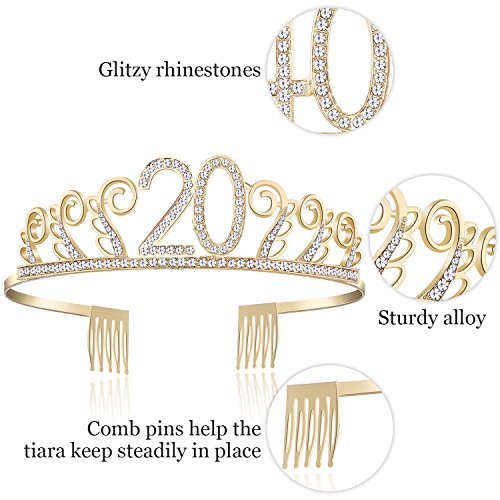 BABEYOND - Tiara de cumpleaños, diseño de princesa, color rosa o plateado, diamantes felices 18/20/21/30/40/50/60/90 Oro de 20 años. Talla única