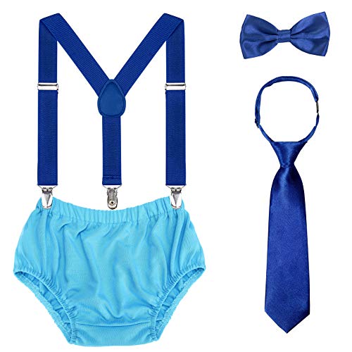 Baby 1st / 2nd Birthday Cake Smash Outfit Set Tirantes ajustables Tie Bloomers Pack de 4 para fotografía de cumpleaños (Azul real/Azul cielo)