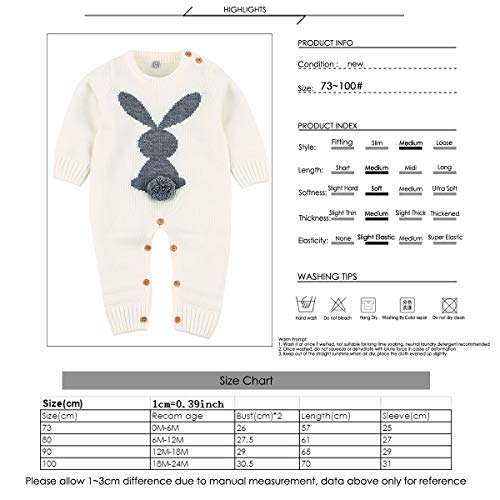 Baby Girls Boys Romper Cute Rabbit Bunny Mono de Manga Larga de Punto Ropa de una Pieza (0-6 Meses, White)