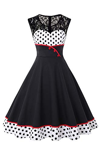 Babyonlinedress - Vestido de noche para mujer, con encaje, vintage, retro, años 50s, pin-up Rockabilly Swing con lunares Negro XXXXL