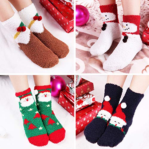 Bageek Calcetines de Navidad, 4 Pares Calcetines Navidad Mujer Santa Claus Muñeco de Nieve Calcetines de Felpa Cálidos Calcetines Navidad Regalo Calcetines para Adultos Cómodo(New)