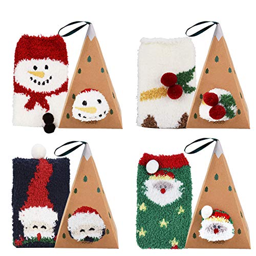 Bageek Calcetines de Navidad, 4 Pares Calcetines Navidad Mujer Santa Claus Muñeco de Nieve Calcetines de Felpa Cálidos Calcetines Navidad Regalo Calcetines para Adultos Cómodo(New)