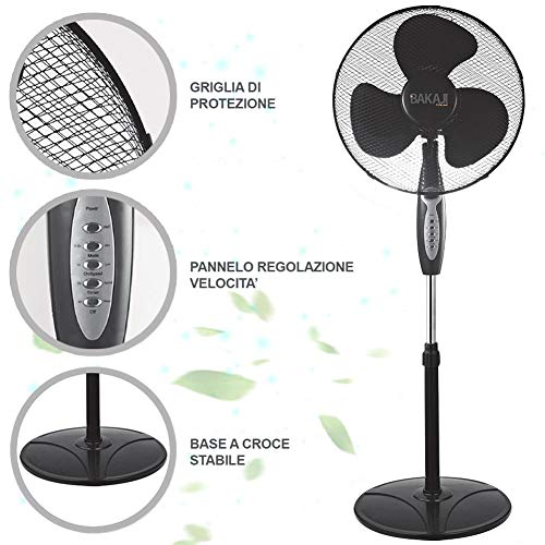 Bakaji 2828514 - Ventilador de columna plana, aspas de 40 cm, 3 velocidades seleccionables, altura regulable, oscilación horizontal y mando a distancia para control a distancia, 45 W