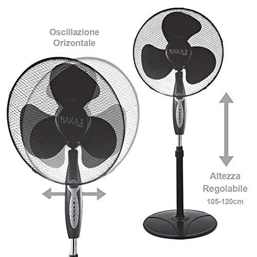 Bakaji 2828514 - Ventilador de columna plana, aspas de 40 cm, 3 velocidades seleccionables, altura regulable, oscilación horizontal y mando a distancia para control a distancia, 45 W