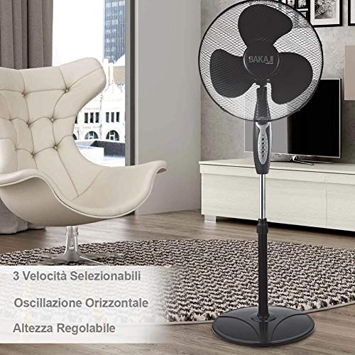 Bakaji 2828514 - Ventilador de columna plana, aspas de 40 cm, 3 velocidades seleccionables, altura regulable, oscilación horizontal y mando a distancia para control a distancia, 45 W