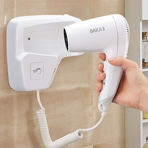 Bakaji - Secador de pelo de pared para baño, potencia de 1100 W, doble velocidad, seleccionable, color blanco para casa o hotel
