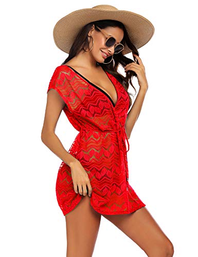 Balancora Vestido de playa para mujer, tallas grandes, sexy, encaje, traje de baño, elegante vestido de verano A_rojo. XXL