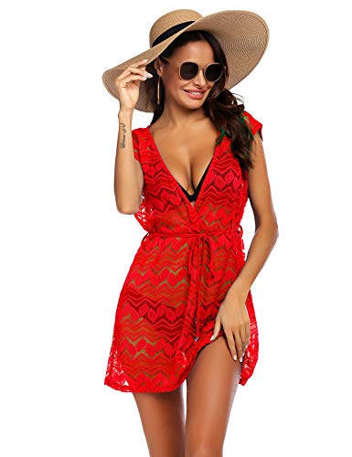Balancora Vestido de playa para mujer, tallas grandes, sexy, encaje, traje de baño, elegante vestido de verano A_rojo. XXL