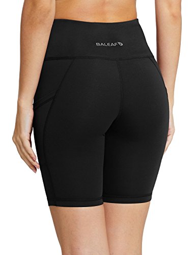 BALEAF - Malla compresiva corta con cintura alta y bolsillos laterales para mujer; para practicar yoga, ciclismo, running. Tallas normales y grandes - Negro - XS