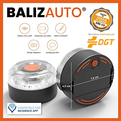 BALIZAUTO PK2830 luz Emergencia AUTÓNOMA, señal v16 preseñalización Peligro, DGT, Base imantada, Hecho en España, y Regalo Chaleco Reflectante HOMOLOGADO, Negro