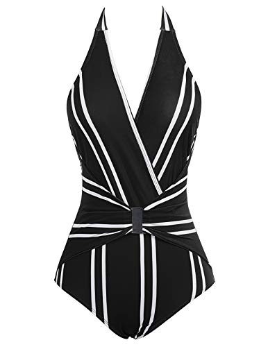 Bañador a Rayas de Mujer Bikini Ropa de Baño de Una Pieza Negro Cuello en V XL CL010979-1