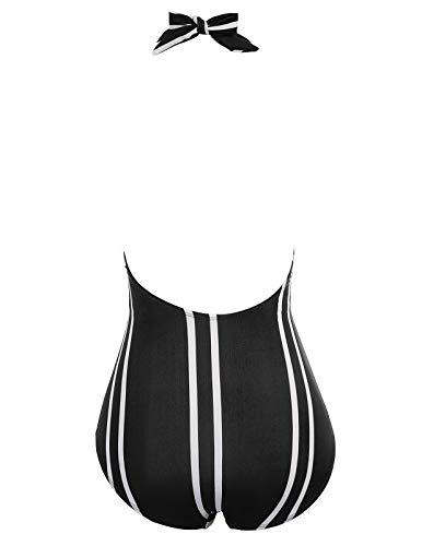 Bañador a Rayas de Mujer Bikini Ropa de Baño de Una Pieza Negro Cuello en V XL CL010979-1