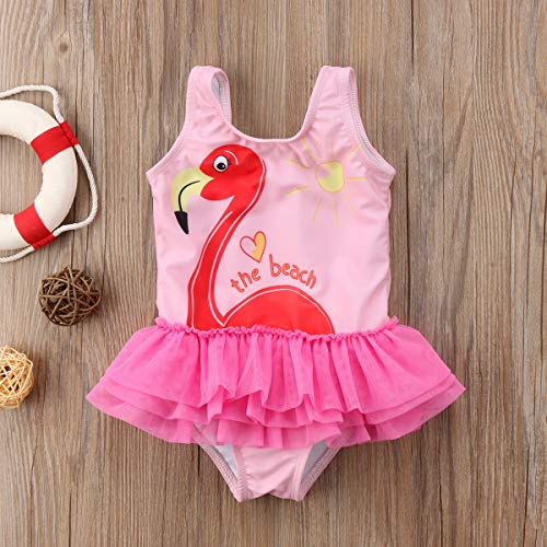 Bañador de Bebé Niña Traje de Baño para Niñas Pequeñas Bikini de Una Pieza con Falda Volante de Tul y Estampado de Flamenco Ropa Baño Playa de Chicas para Vacaciones Viaje (Rosa, 4-5 Años)