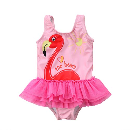 Bañador de Bebé Niña Traje de Baño para Niñas Pequeñas Bikini de Una Pieza con Falda Volante de Tul y Estampado de Flamenco Ropa Baño Playa de Chicas para Vacaciones Viaje (Rosa, 4-5 Años)
