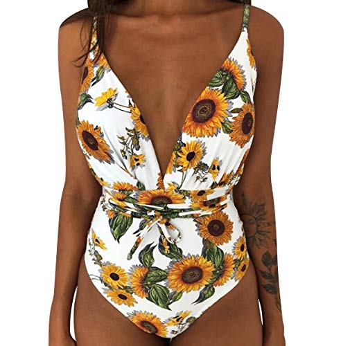 Bañador Halter Escote V Bandeau Traje de Baño Mujer Bañadores Una Pieza Mujer Playa Natacion Bikinis de Flores con Relleno Monokini Bikini Push Up Señora Trajes de Baño Enteros Piscina Biquini L