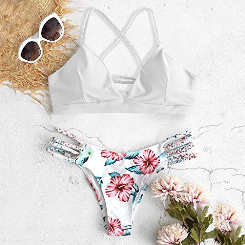 Bañadores de Dos Piezas, 2019 Mujer Brasileño Bikini Push Up con Relleno - Anudadas Bandeau Tops de Bikini y Tangas de Floral Traje de Baño (Blanco, S)