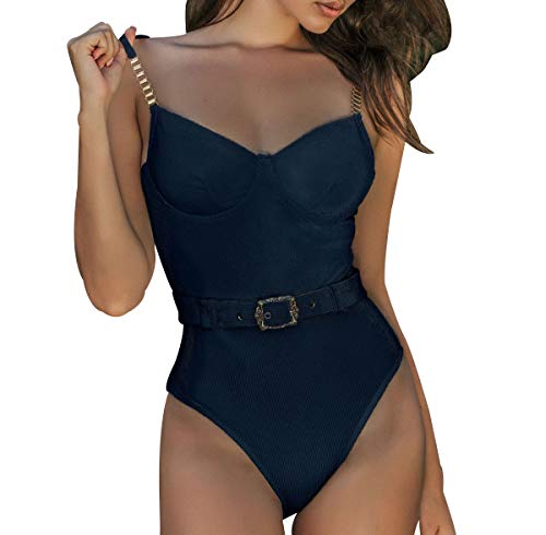 Bañadores Mujer Escote V Espalda Descubierta Natacion Trajes de Baño de Una Pieza Bikinis Tallas Grandes Trikini Chica en Bañador Moldeador Vientre Plano Push Up Surf Traje de Baños Mujeres Negro M