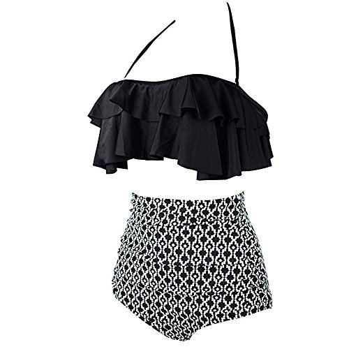 Bañadores Mujer Subfamily,Mujeres Bikinis de Cintura Alta Traje de baño Bikini Retro Estilo Playero Femenino Bikinis Bikini de Traje de baño de Viento Nacional Swives con Estampado (XL, Negro-2)