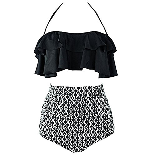 Bañadores Mujer Subfamily,Mujeres Bikinis de Cintura Alta Traje de baño Bikini Retro Estilo Playero Femenino Bikinis Bikini de Traje de baño de Viento Nacional Swives con Estampado (XL, Negro-2)