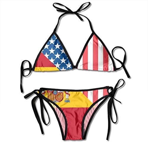 Bandera de Estados Unidos y España Traje de baño de Playa de Dos Piezas para Mujer Tanga Clásico con Cordones Triángulo Bikini Traje de baño Traje de Fiesta