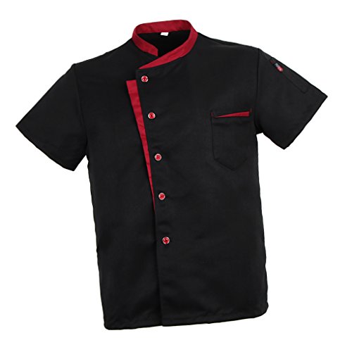 Baoblaze Camisa Mezclilla Unisex Chef Chaqueta Arrugas Resistente Confortable Mangas Cortas Camiseta Cocina Uniforme Emocionante - Negro XL, como se describe