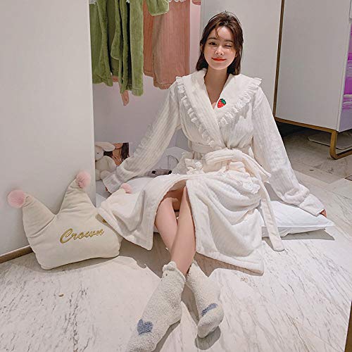 Bata Larga De Franela De Invierno Para Mujer,Cárdigan De Franela A Rayas Blancas Con Cinturón De Bolsillo Con Volantes Albornoz Largo Para Mujer Bata De Casa Suave Ropa De Dormir Suelta Súper Cá