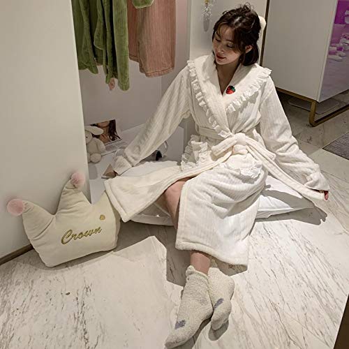 Bata Larga De Franela De Invierno Para Mujer,Cárdigan De Franela A Rayas Blancas Con Cinturón De Bolsillo Con Volantes Albornoz Largo Para Mujer Bata De Casa Suave Ropa De Dormir Suelta Súper Cá