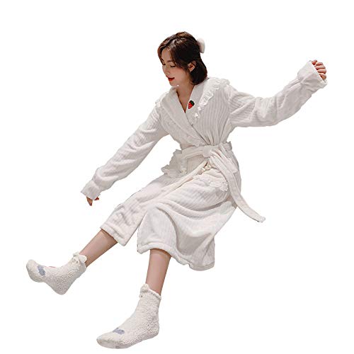 Bata Larga De Franela De Invierno Para Mujer,Cárdigan De Franela A Rayas Blancas Con Cinturón De Bolsillo Con Volantes Albornoz Largo Para Mujer Bata De Casa Suave Ropa De Dormir Suelta Súper Cá