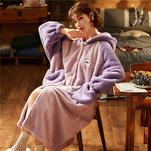 Bata Larga De Franela De Invierno Para Mujer,Púrpura Espesar Franela Con Capucha Cardigan Bolsillo En El Corazón Lindo Para Mujer Albornoz Largo Bata De Casa Suave Ropa De Dormir Suelta Súper Cá