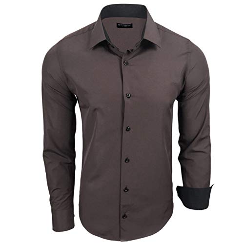 Baxboy - Camisa de manga larga para hombre, de corte ajustado, fácil de planchar, para trajes, trabajo, bodas, tiempo libre, R-44 marrón XL