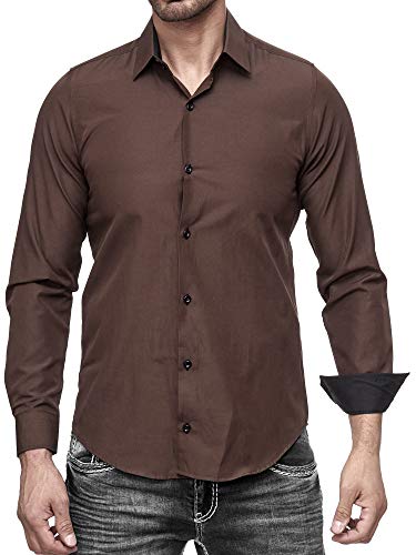 Baxboy - Camisa de manga larga para hombre, de corte ajustado, fácil de planchar, para trajes, trabajo, bodas, tiempo libre, R-44 marrón XL