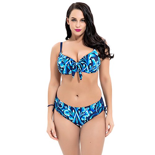 Baymate Mujer Bikini Talla Grande Impresión de Flores Traje de baño Push up Hálter Bañador (Azul, Tamaño 52)