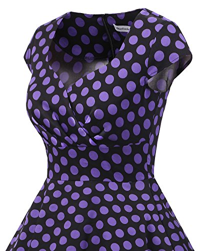 Bbonlinedress Vestido Corto Mujer Retro Años 50 Vintage Escote En Pico Black Purple BDot XL