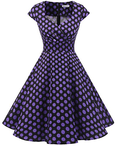 Bbonlinedress Vestido Corto Mujer Retro Años 50 Vintage Escote En Pico Black Purple BDot XL