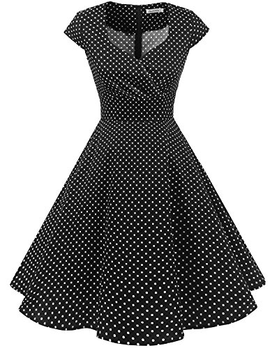 Bbonlinedress Vestido Corto Mujer Retro Años 50 Vintage Escote En Pico Black Small White Dot 2XL