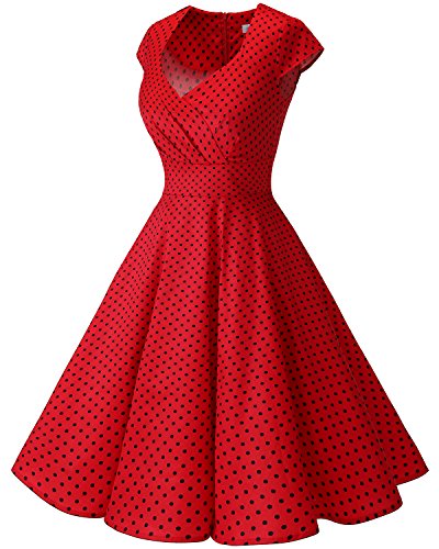 Bbonlinedress Vestido Corto Mujer Retro Años 50 Vintage Escote En Pico Red Small Black Dot 2XL