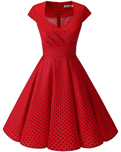 Bbonlinedress Vestido Corto Mujer Retro Años 50 Vintage Escote En Pico Red Small Black Dot 2XL