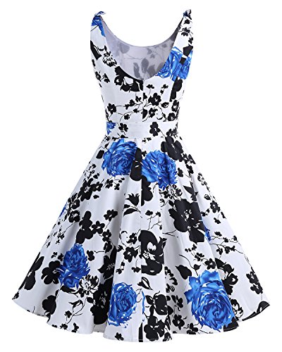 Bbonlinedress Vestidos de 1950 Estampado Vintage Retro Cóctel Rockabilly con Lazo BlueFlower 3XL