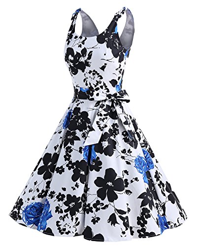 Bbonlinedress Vestidos de 1950 Estampado Vintage Retro Cóctel Rockabilly con Lazo BlueFlower 3XL
