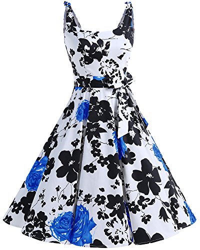 Bbonlinedress Vestidos de 1950 Estampado Vintage Retro Cóctel Rockabilly con Lazo BlueFlower 3XL
