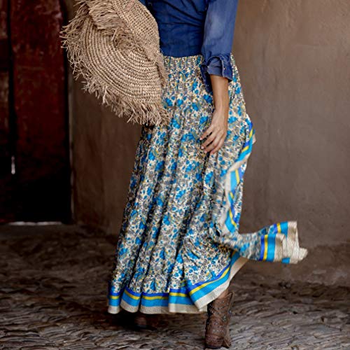 Beada Boho Print Faldas Largas Mujeres Bottoms Cintura Elástica Gitana Etnica Damas Falda M Tamaño Azul