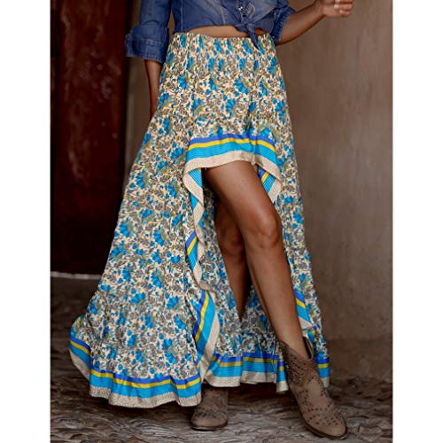 Beada Boho Print Faldas Largas Mujeres Bottoms Cintura Elástica Gitana Etnica Damas Falda M Tamaño Azul