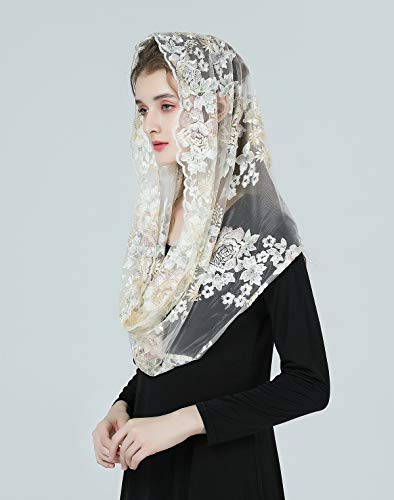 BEAUTELICATE Mantilla De Encaje Española Mujer Capilla Velo Pañuelo de Lglesia Católica Bordado Chal Bufanda Oro Champán V116