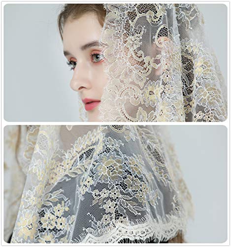 BEAUTELICATE Mantilla De Encaje Española Mujer Capilla Velo Pañuelo de Lglesia Católica Bordado Chal Bufanda Oro Champán V116