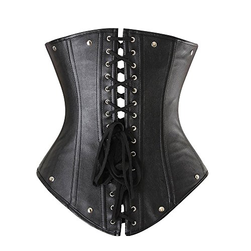 Beauty-You Mujeres Sexy Faux Leather Lace Up Cierre Corset Open Bust Goth Bustier con tanga, 9 Dimensiones Negro M