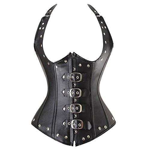 Beauty-You Mujeres Sexy Faux Leather Lace Up Cierre Corset Open Bust Goth Bustier con tanga, 9 Dimensiones Negro M