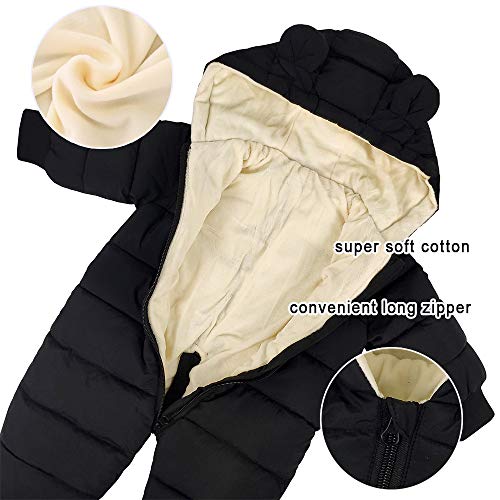 Bebé Invierno Mamelucos con Capucha, Niñas Niños Ropa Traje de Nieve Manga Larga Fleece Monos Outfits Peleles Calentar Abrigo Regalos 6-9 Meses(80),Negro