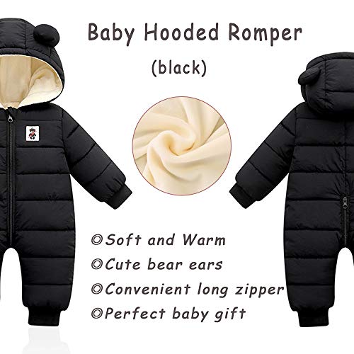Bebé Invierno Mamelucos con Capucha, Niñas Niños Ropa Traje de Nieve Manga Larga Fleece Monos Outfits Peleles Calentar Abrigo Regalos 6-9 Meses(80),Negro
